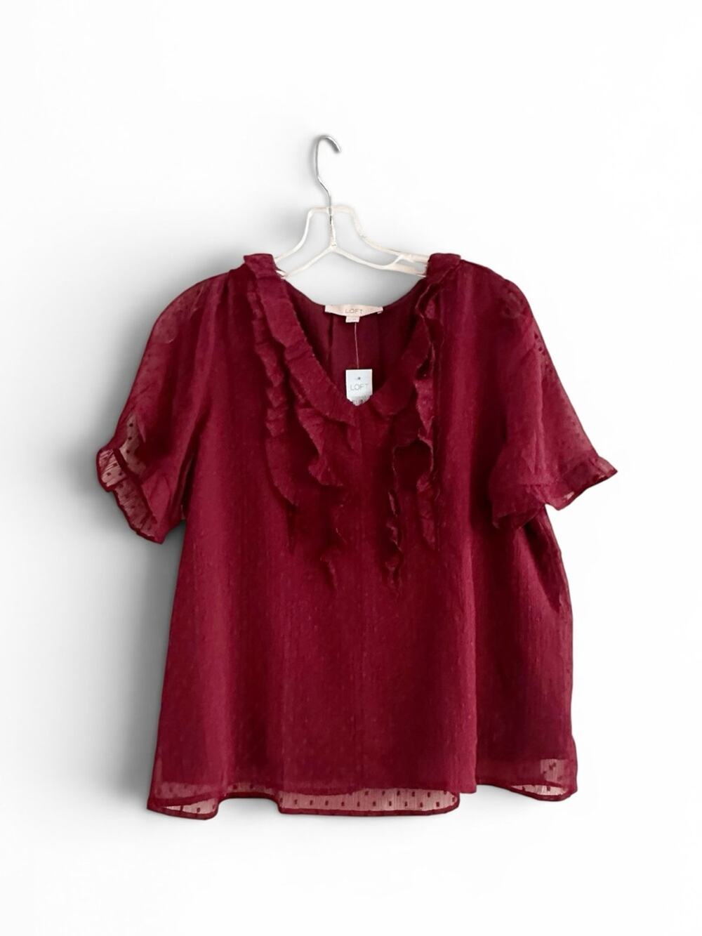 Ann Taylor LOFT Maroon V neck Ruffle Blouse Swiss Dot Large Petite Top 2023 NWT